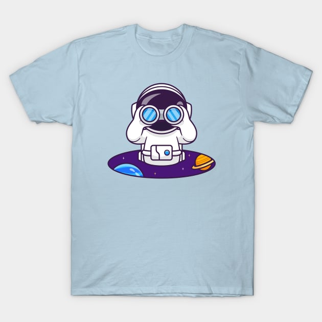 Cute Astronaut Spying With Binoculars In Space Cartoon T-Shirt by Catalyst Labs